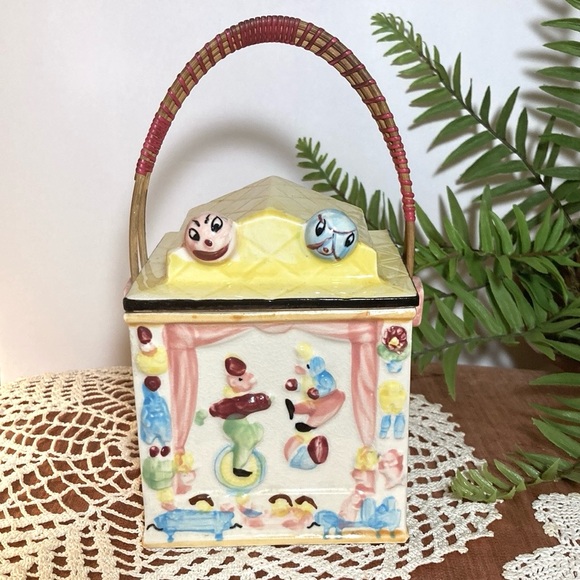Vintage Clown House Biscuit Cookie Jar With Wrapped Handle